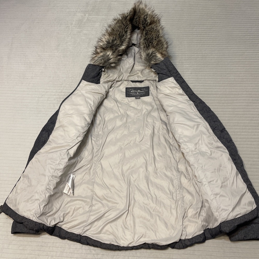 EDDIE BAUER Womens Sz S Slate Full Zip Faux Fur Hood Quilted Down Jacket - Picture 6 of 10